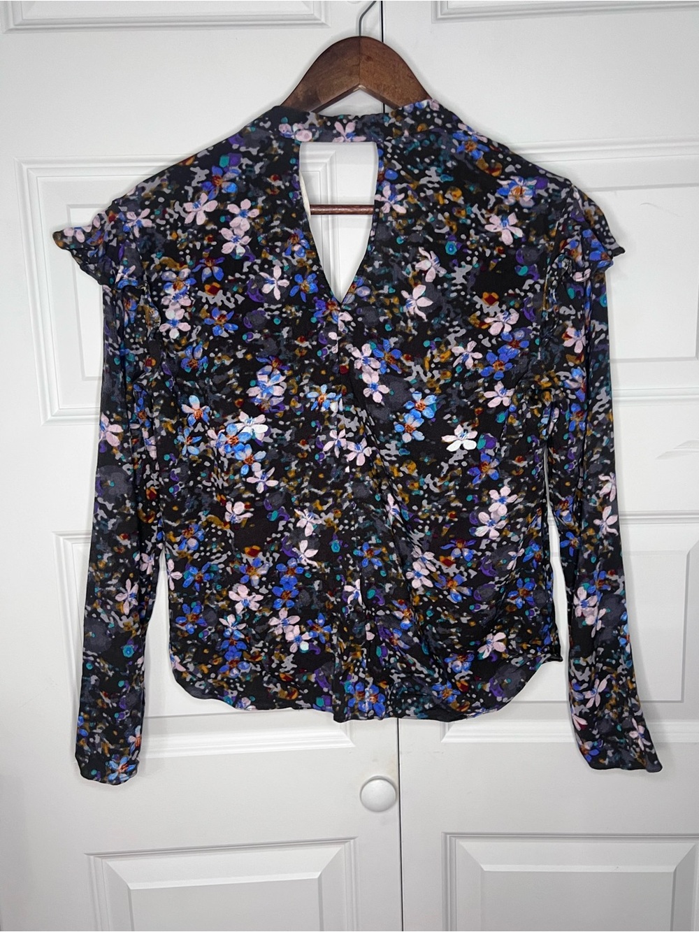 Rachel Rachel Roy Floral Blouse Black Blue Purple Long Sleeve Size 8 - Picture 3 of 5